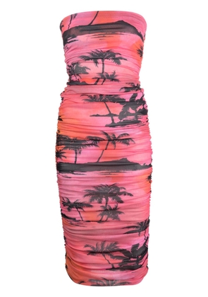 THE ANDAMANE strapless ruched printed mesh midi dress - Pink