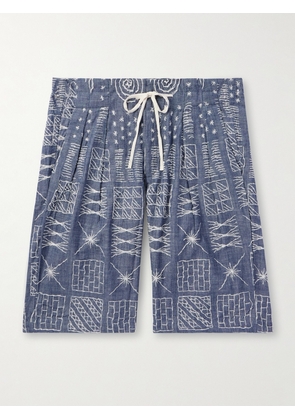 Monitaly - Wide-Leg Pleated Embroidered Cotton-Chambray Drawstring Shorts - Men - Blue - XS