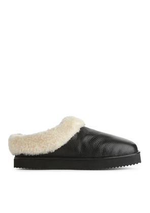 Leather Pile Slippers - Black