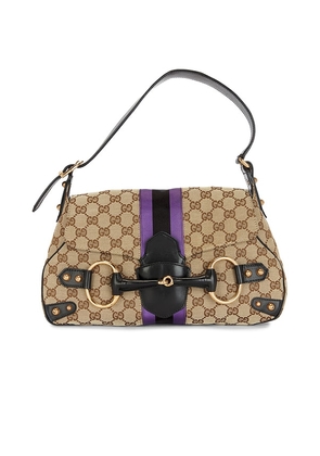 FWRD Renew Gucci GG Canvas Horsebit Shoulder Bag in Beige.