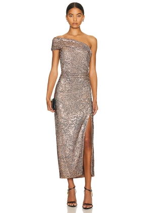 SIMKHAI Zay Hammered Sequin Draped Bustier Midi Dress in Latte - Brown. Size 2 (also in ).