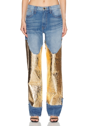 Brandon Maxwell The Cortlandt Denim Pant W/ Metallic Leather Combo in Indigo & Gold - Blue. Size 29 (also in 32).
