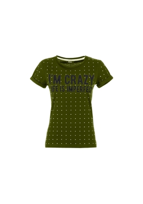 Imperfect Army Green Strass Embellished Cotton Tee - XS