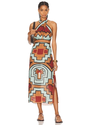 Johanna Ortiz Energetic Patterns Ankle Dress in Shipibo & The Tropics Brown  Mint  & Terracotta - Rust. Size 0 (also in 2, 4, 6, 8).