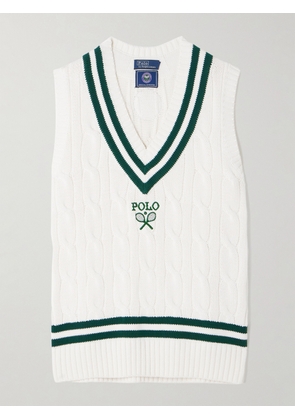 Polo Ralph Lauren - + Wimbledon Appliquéd Embroidered Cable-knit Cotton Vest - White - x small,small,medium,large,x large