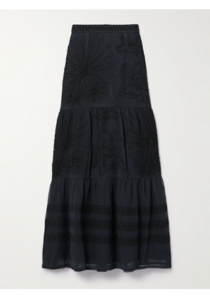Emporio Sirenuse - Elda Tiered Embellished Embroidered Cotton-mesh Maxi Skirt - Black - IT38,IT40,IT42,IT44,IT46,IT50