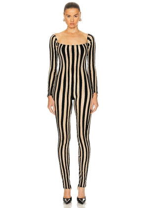 LaQuan Smith Off Shoulder Striped Catsuit in Black - Black. Size M (also in L, XS).