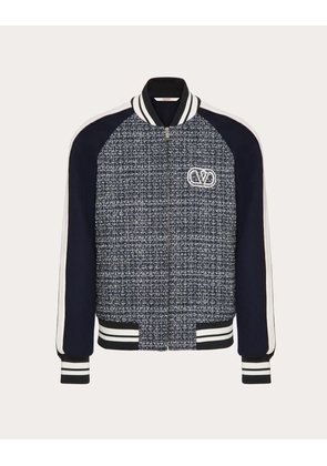 Valentino COTTON AND VISCOSE TWEED BOMBER JACKET WITH VLOGO SIGNATURE PATCH Man WHITE/NAVY 50