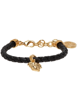 Versace Black & Gold Leather Braided Charm Bracelet