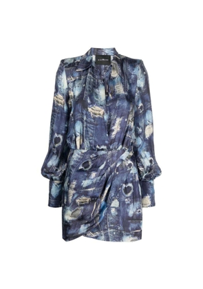 John Richmond Short Dress With Wrapped Skirt And Wide Neckline. Iconic Runway Denim-Effect Pattern.