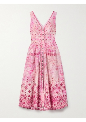 Saloni - Zoey Cutout Printed Broderie Anglaise-trimmed Cotton Midi Dress - Pink - UK 4,UK 6,UK 8,UK 10,UK 12,UK 14,UK 16