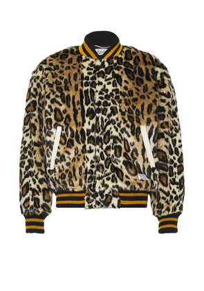 WACKO MARIA Fur Leopard Varsity Jacket in Beige - Beige. Size L (also in XL/1X).