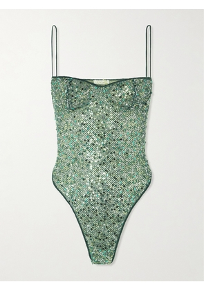 Oséree - Sequined Mesh Underwired Bodysuit - Green - small,medium,large,x large