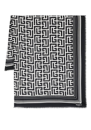 Balmain monogram-print frayed-edge scarf - Black