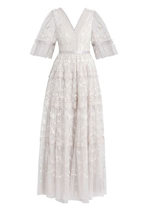 Needle & Thread floral-embroidered V-neck dress - White