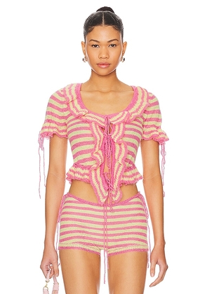 GUIZIO Ruffle Knit Tie Top in Pink. Size S, XS.