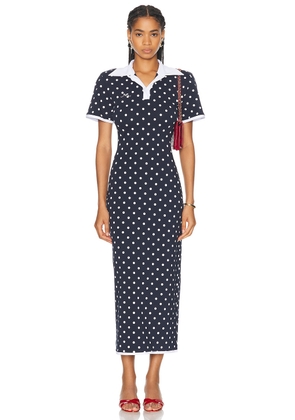Rowen Rose Long Polo Dress in Navy Blue & White Polka Dots - Navy. Size 34 (also in 36, 38, 40).