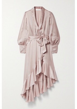 Zimmermann - Asymmetric Ruffled Silk-satin Midi Wrap Dress - Pink - 0,1,2,3