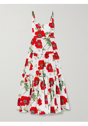 Oscar de la Renta - Belted Floral-print Tiered Cotton-blend Poplin Gown - White - US0,US2,US4,US6,US8