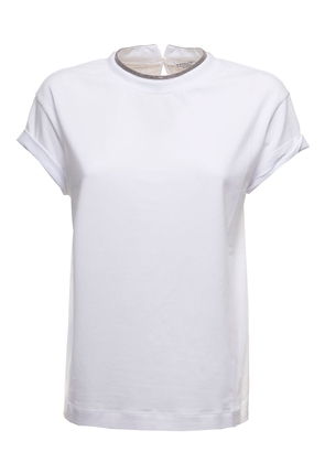 Brunello Cucinelli Womans White Cotton T-Shirt With Monile Crew Neck