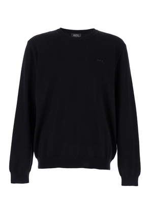 A.p.c. Black Crewneck Sweater With Apc Embroidery In Wool Man