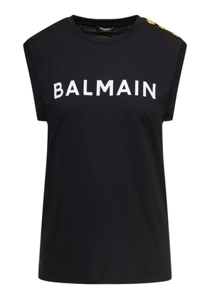 Black Tank Top With Contrasting Lettering Print And Jewel Buttons In Cotton Donna Balmain