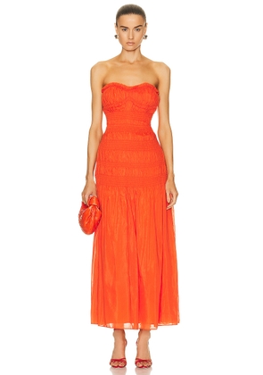 NICHOLAS Kalli Strapless Smocked Maxi Dress in Fire - Orange. Size 0 (also in ).