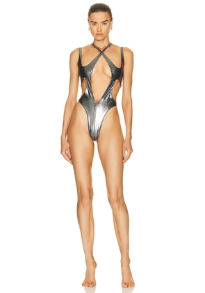 Mugler Cut Out One Piece Swimsuit in Chrome - Metallic Silver. Size 38 (also in 40).