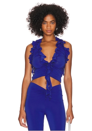 The Andamane Mimi Ruffle Deep V-neck Top in Blue. Size 44/L.