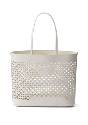Prada logo-perforated leather tote bag - White