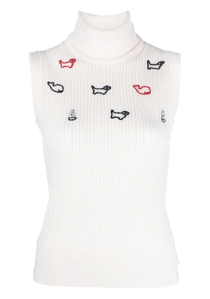 Thom Browne embroidered sleeveless turtle neck jumper - White