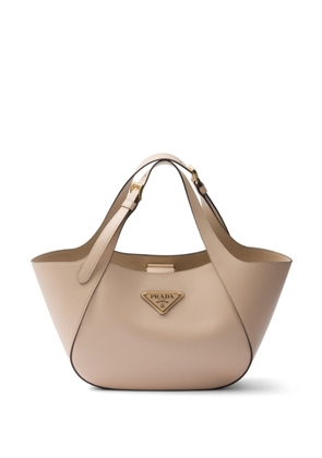 Prada medium enamel triangle logo leather tote bag - Neutrals