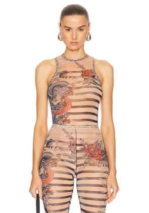 Jean Paul Gaultier Printed Mariniere Tattoo Sleeveless Bodysuit in Nude  Blue  & Red - Nude. Size XS (also in S).