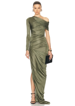 Atlein Off The Shoulder One Sleeve Ruched Gown in Mousse - Green. Size 40 (also in ).