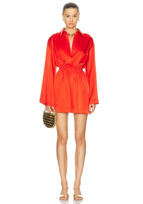 CAROLINE CONSTAS Aesha Bell Sleeve Mini Shirt Dress in Madder Red - Red. Size L (also in M, S, XS).