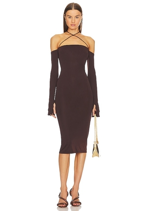 The Andamane Maddy Off Shoulder Lace Up Midi Dress in Chocolate. Size 40/S.