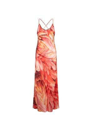Roberto Cavalli Long Dress With Straps And Plumage Print In Orange