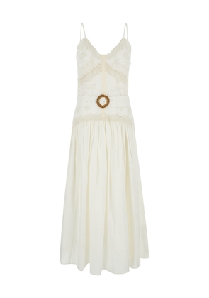 Twinset Long Cream White Dress With Embroideries And Matching Belt In Cotton Woman