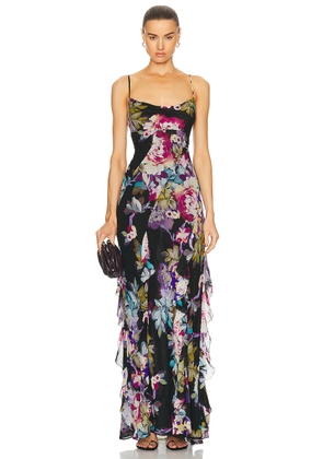 NICHOLAS Kamila Ruffle Cowl Gown in Antique Floral Black - Purple. Size 2 (also in 0).