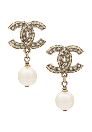chanel Chanel Coco Mark Rhinestone Pearl Earrings in Light Gold - Metallic Gold. Size all.