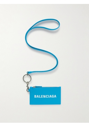 Balenciaga - Logo-Print Full-Grain Leather Zipped Cardholder with Lanyard - Men - Blue