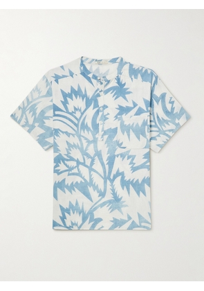 11.11/ELEVEN ELEVEN - Grandad-Collar Printed Organic Cotton Half-Placket Shirt - Men - Blue - S