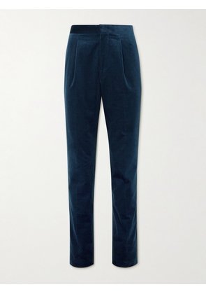 Brunello Cucinelli - Slim-Fit Satin-Trimmed Cotton-Velvet Tuxedo Trousers - Men - Blue - IT 48