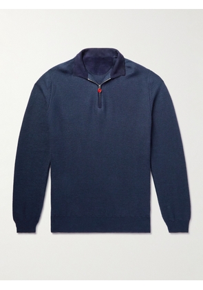 Kiton - Suede-Trimmed Honeycomb-Knit Linen and Cashmere-Blend Half-Zip Sweater - Men - Blue - S
