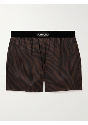 TOM FORD - Zebra-Print Velvet-Trimmed Silk-Satin Boxer Shorts - Men - Brown - S
