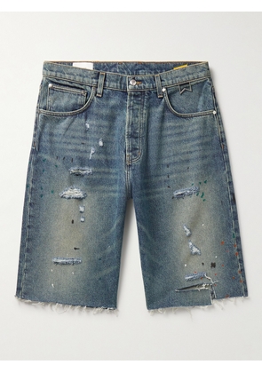Rhude - Straight-Leg Paint-Splattered Distressed Denim Shorts - Men - Blue - UK/US 28