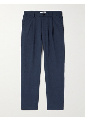 Mr P. - Straight-Leg Pleated Cotton-Blend Seersucker Trousers - Men - Blue - 28