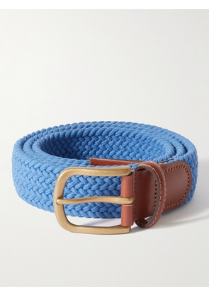 Anderson & Sheppard - 3.5cm Leather-Trimmed Woven Stretch-Cotton Belt - Men - Blue - S