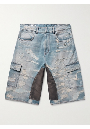 Givenchy - Straight-Leg Moleskin-Trimmed Distressed Denim Cargo Shorts - Men - Blue - UK/US 28