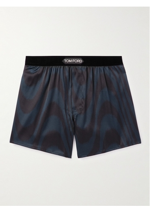 TOM FORD - Velvet-Trimmed Printed Stretch-Silk Satin Boxer Shorts - Men - Blue - S